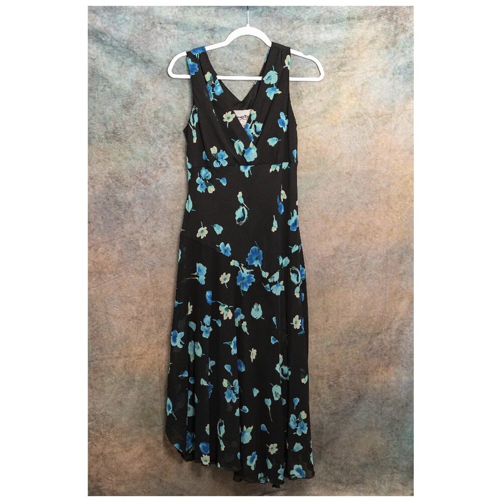 Vintage Another Thyme Black & Blue Floral Asymmetrical Chiffon Dress - Size 8